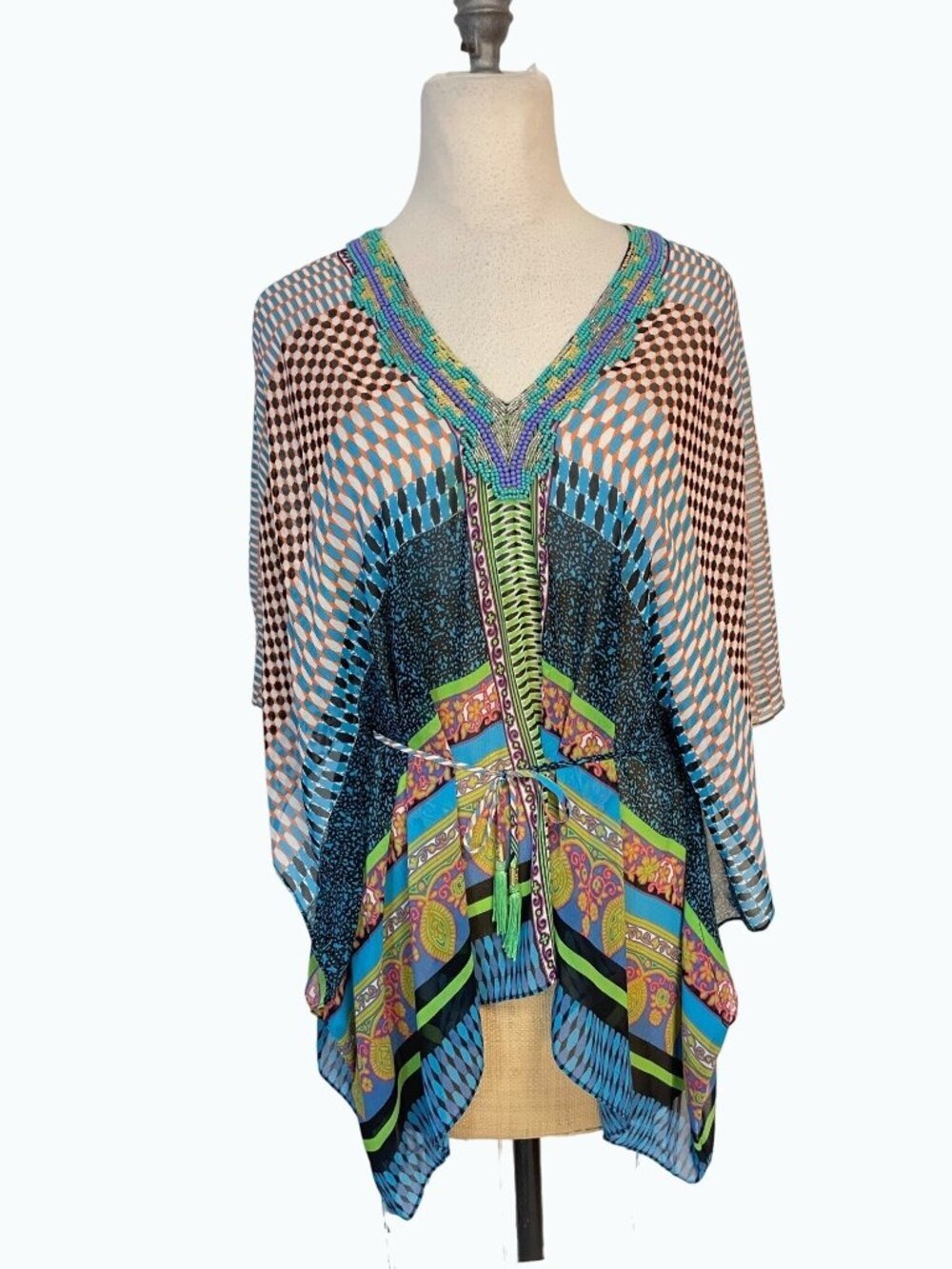 Hale Bob Kaftan Pull Tie tunic Top XS Beaded Embellished